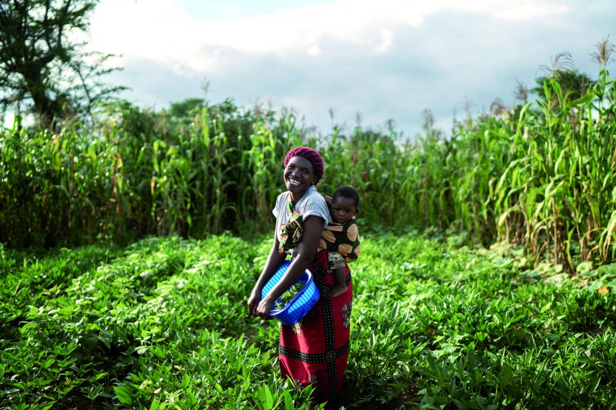 Una mamma con il figlio di 16 mesi in braccio, mentre coltiva il suo campo nel Nord del Malawi.