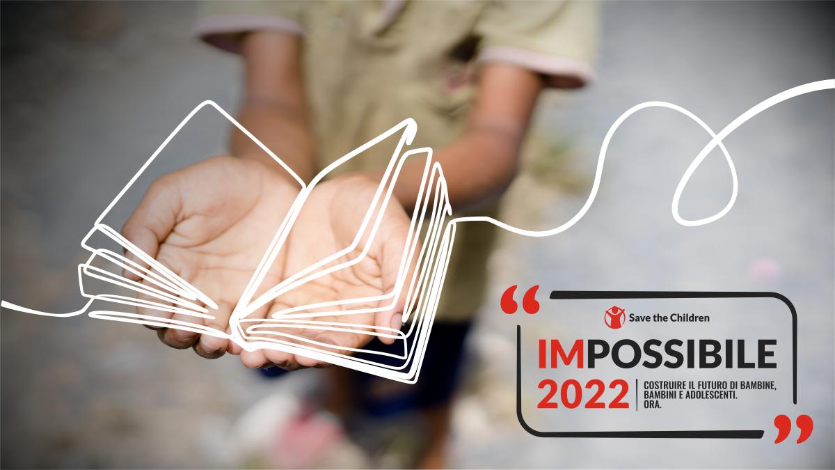 Identità visiva di "Impossible 2022" raffigurante le mani di un bimbo aperte come a tenere in mano un libro immaginario